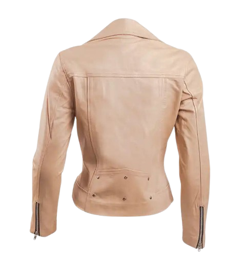Women’s Beige Leather Biker Jacket back