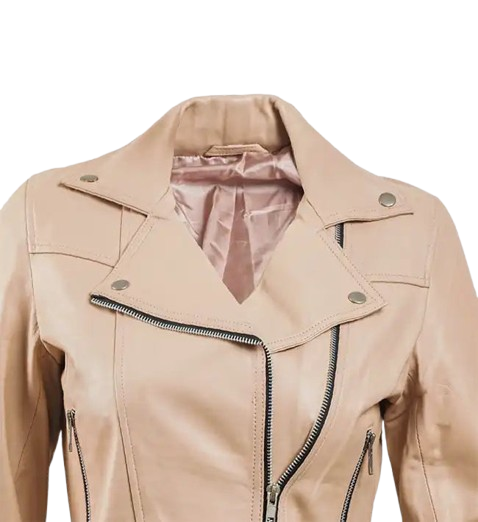 Women’s Beige Leather Biker Jacket front