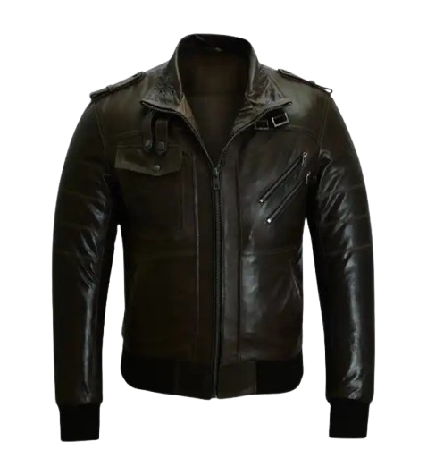 Men’s Slim Fit Brown Bomber Leather Jacket front