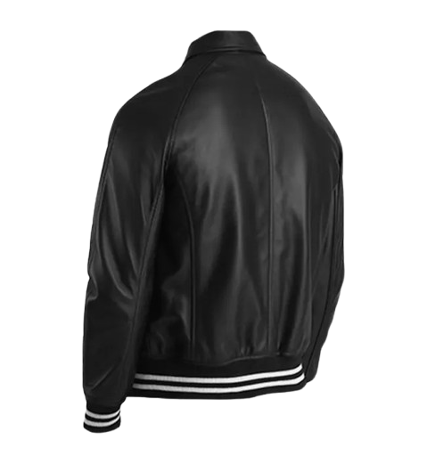 Men's Black Leather Plain Varsity Jacket back