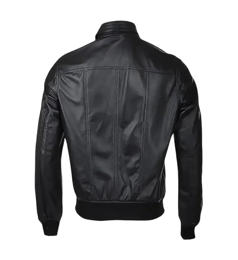 Men’s Snap Double Button Collar Black Leather Bomber Jacket back