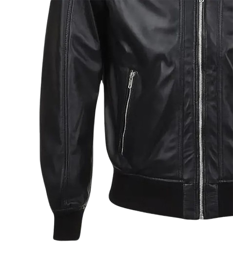 Men’s Snap Double Button Collar Black Leather Bomber Jacket side
