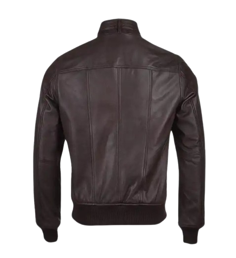 Men’s Snap Double Button Collar Brown Leather Bomber Jacket back