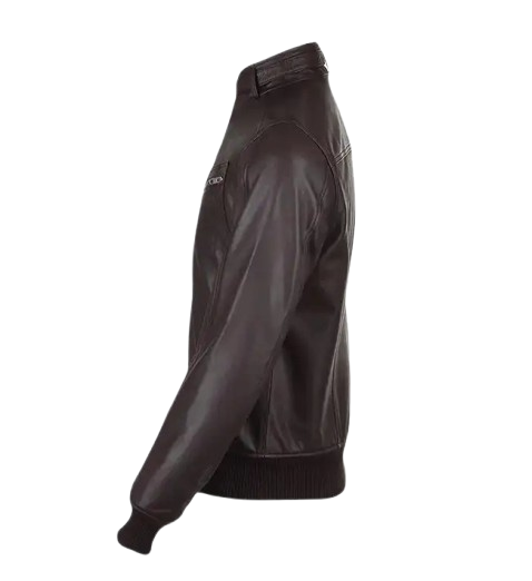Men’s Snap Double Button Collar Brown Leather Bomber Jacket side