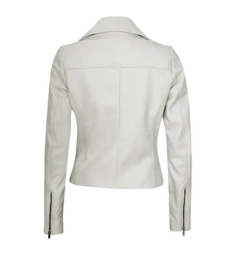 Women's Moto Style White Leather Jacket back