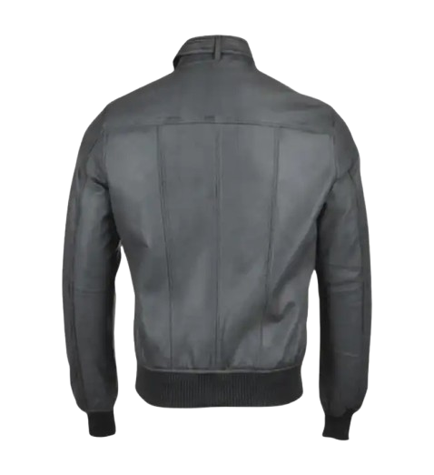 Men’s Snap Double Button Collar Grey Leather Bomber Jacket back