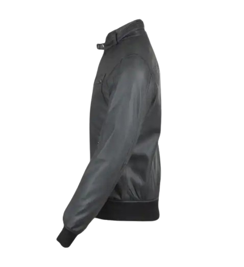 Men’s Snap Double Button Collar Grey Leather Bomber Jacket side