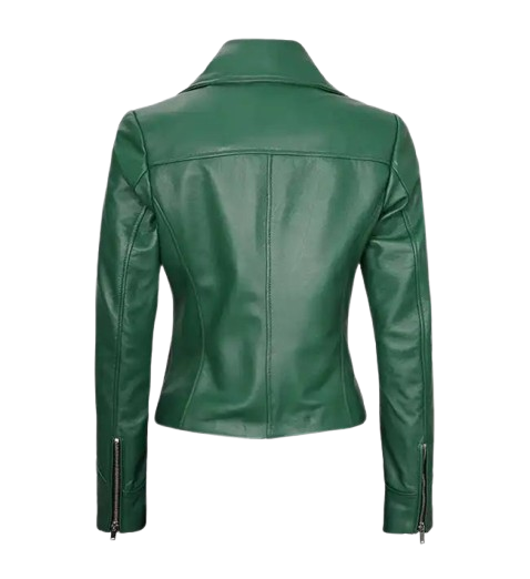 Women's Moto Style Green Leather Jacket back