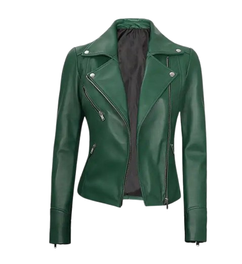 Women's Moto Style Green Leather Jacket Front