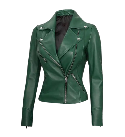Women's Moto Style Green Leather Jacket side