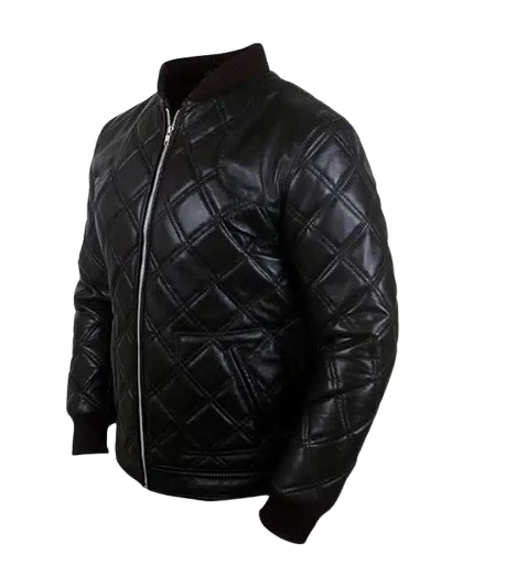 Men's Diamond Quilted Black Leather Bomber Jacket side