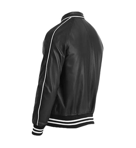 Men's Black Leather Varsity Jacket back