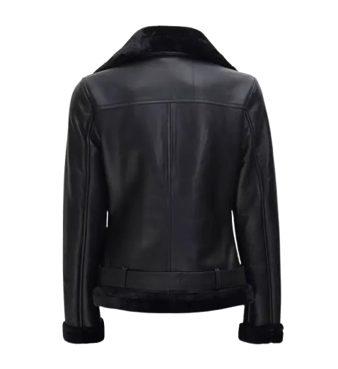 Women's Black Leather Shearling Moto Jacket back