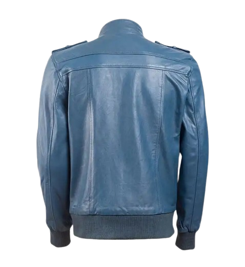 Men’s Band Collar Blue Bomber Leather Jacket back