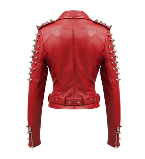 Women's Red Studs Biker Leather Jacket back