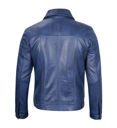 Men's Blue Leather Trucker Jacket back