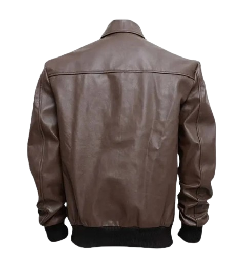 Men's Brown Leather Bomber Jacket back