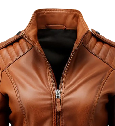 Women’s Brown Leather Biker Jacket neck
