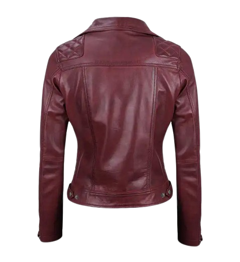 Women's Quilted Motorcycle Maroon Leather Jacket back