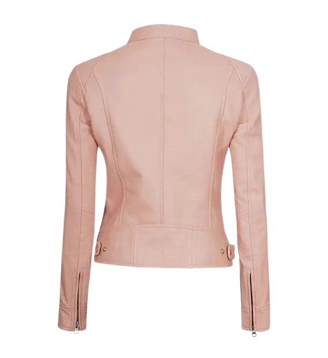 Women's Light Pink Cafe Racer Leather Jacket back