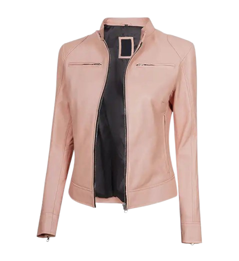 Women's Light Pink Cafe Racer Leather Jacket front
