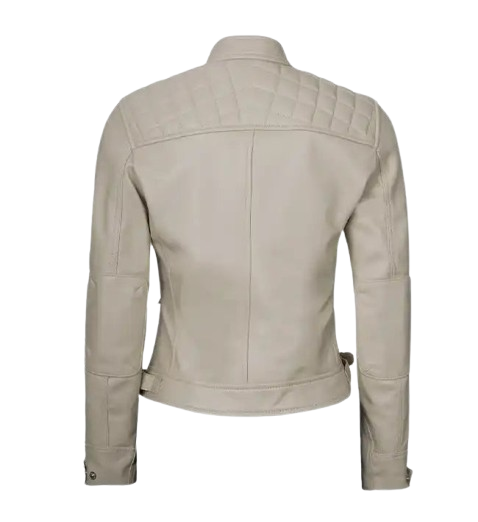 Women’s Beige Diamond Cafe Racer Leather Jacket back