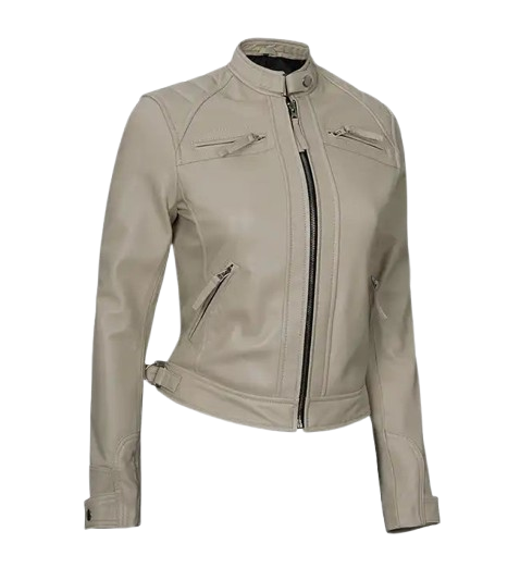 Women’s Beige Diamond Cafe Racer Leather Jacket side