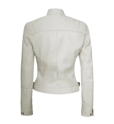 Women's White Diamond Moto Style Leather Jacket back