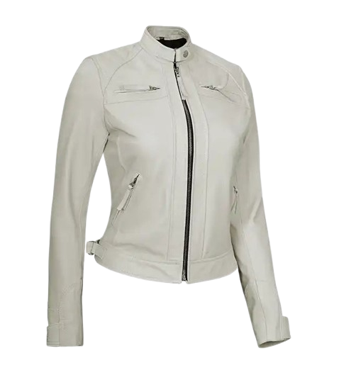 Women's White Diamond Moto Style Leather Jacket side