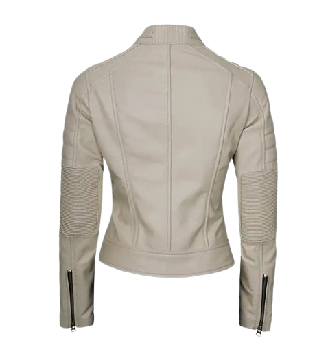 Women’s Beige Cafe Racer Leather Jacket back