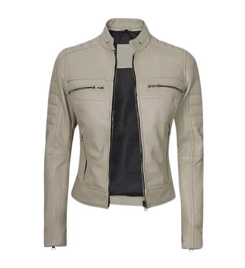 Women’s Beige Cafe Racer Leather Jacket front