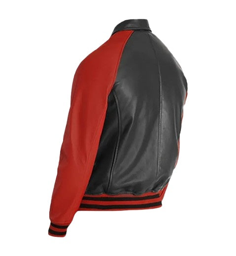 Men's Black & Red Leather Varsity Jacket back