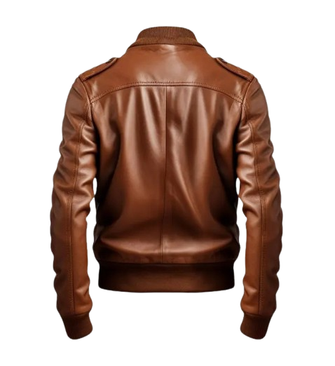Men's Brown Leather Strap Pocket Style Bomber Jacket back