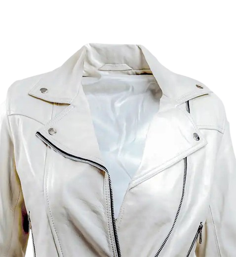 Women’s White Leather Biker Jacket front