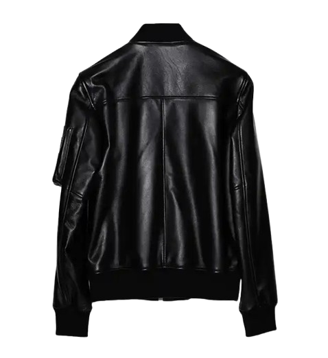 Men's Sheepskin Black Leather Bomber Jacket back