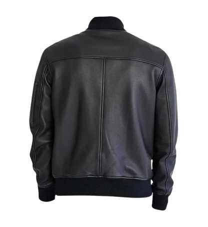 Men's Black Leather Bomber Jacket back