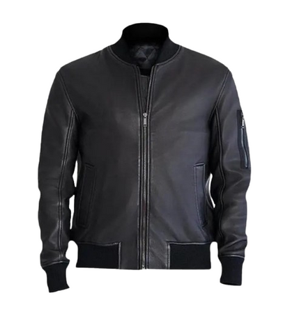 Men's Black Leather Bomber Jacket