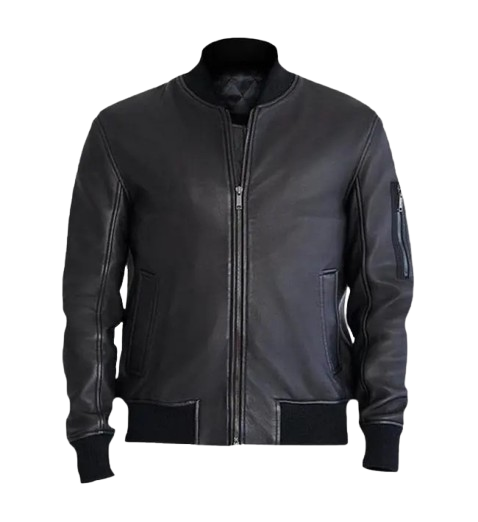 Men's Black Leather Bomber Jacket