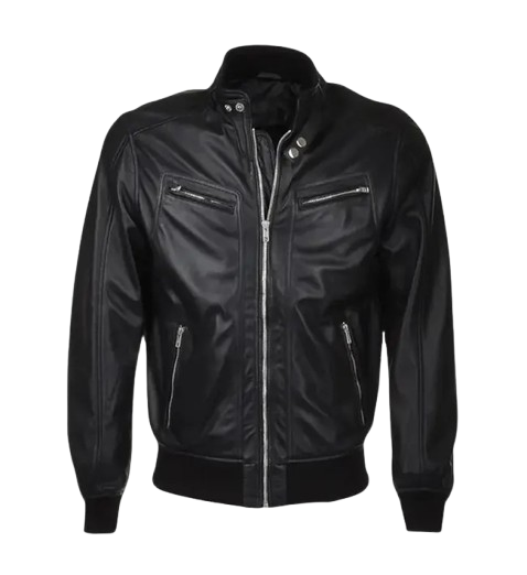 Men’s Snap Double Button Collar Black Leather Bomber Jacket