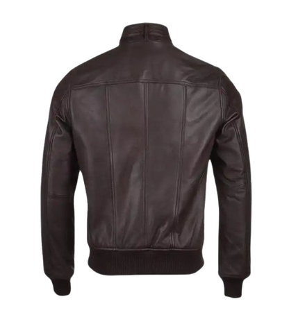 Men’s Snap Double Button Collar Brown Leather Bomber Jacket back
