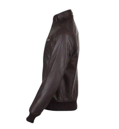 Men’s Snap Double Button Collar Brown Leather Bomber Jacket side