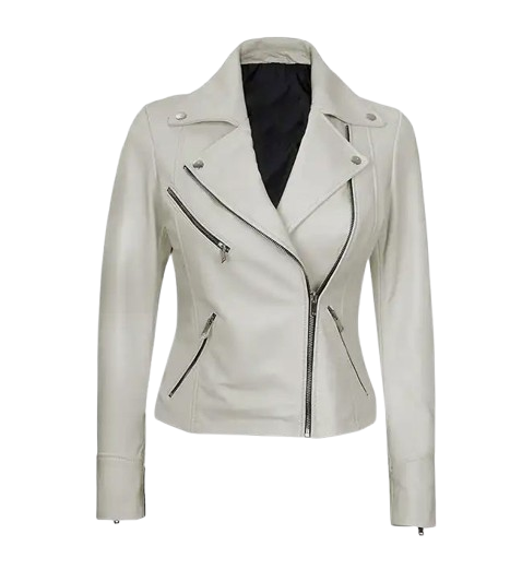 Women's Moto Style White Leather Jacket