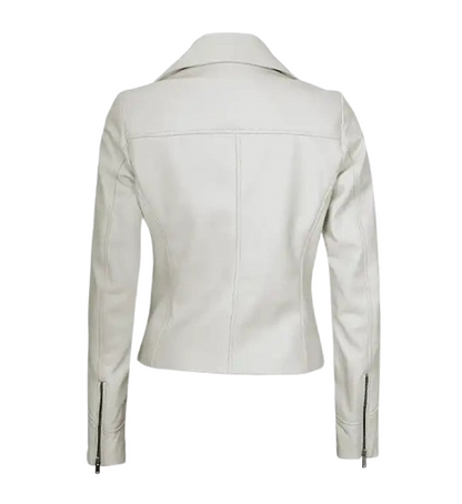Women's Moto Style White Leather Jacket back