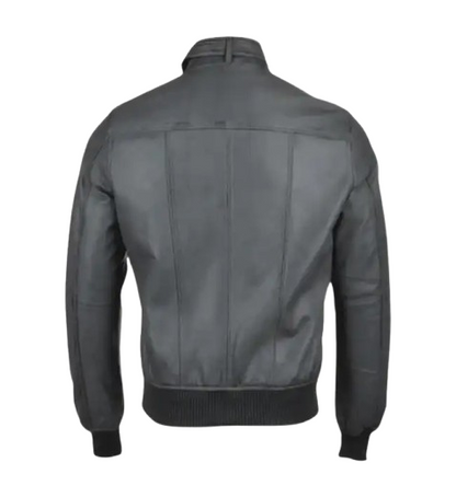 Men’s Snap Double Button Collar Grey Leather Bomber Jacket back