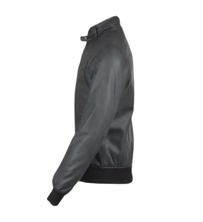 Men’s Snap Double Button Collar Grey Leather Bomber Jacket side
