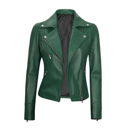 Women's Moto Style Green Leather Jacket Front