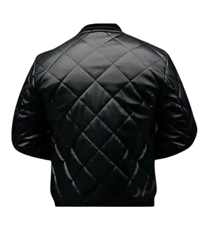 Men's Diamond Quilted Black Leather Bomber Jacket back