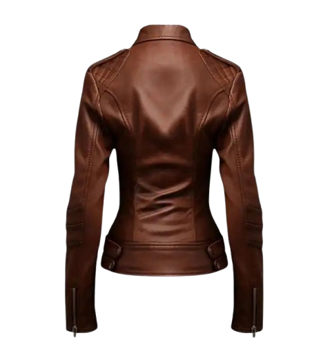 Women’s Bike Style Brown Leather Jacket back
