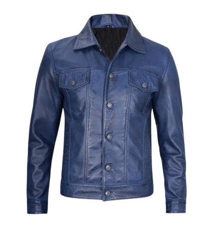 Men's Blue Leather Trucker Jacket