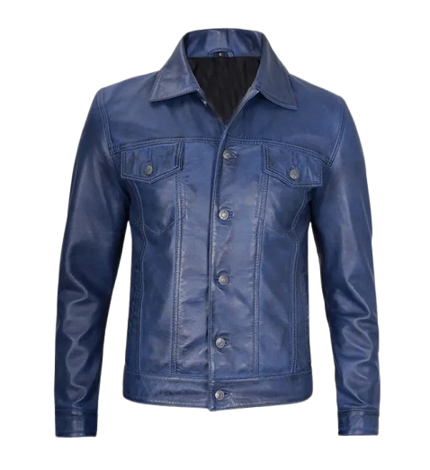Men's Blue Leather Trucker Jacket
